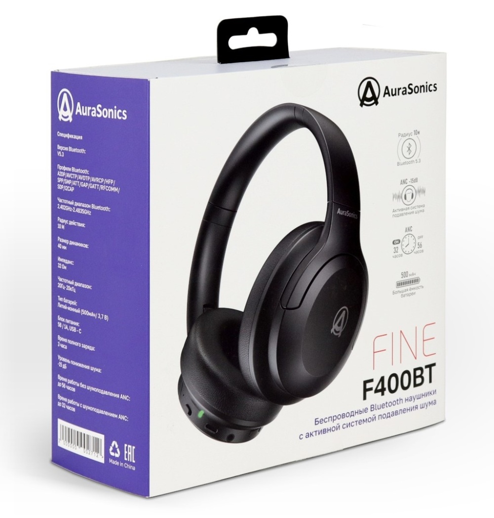 Упаковка Bluetooth-наушников AuraSonics FINE F400BT